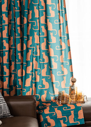 Rideau Bleu Motifs Chat Orange