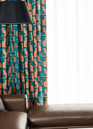 Rideau Bleu Motifs Chat Orange