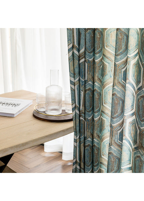 Rideau Bleu Motifs Hexagone