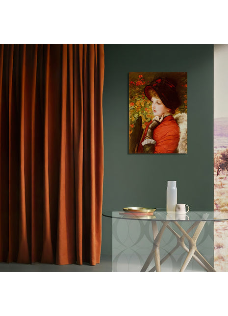 Rideau velours orange vintage dans un salon chaleureux