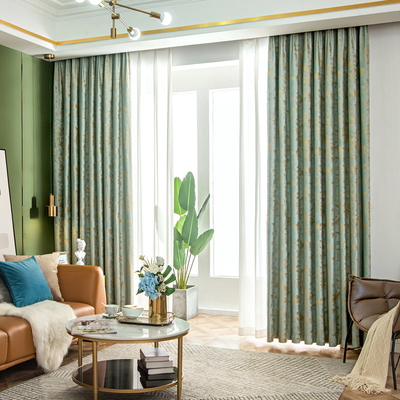 Paire de grands rideaux élégants dorés, vert olive, brun moka et