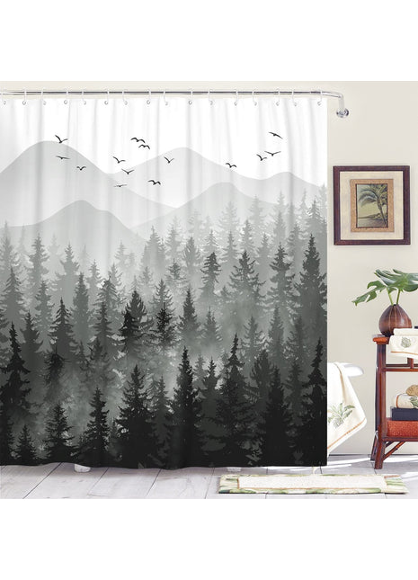 Rideau de douche forêt en gris et blanc, sapins, montagnes et vol d'oiseaux