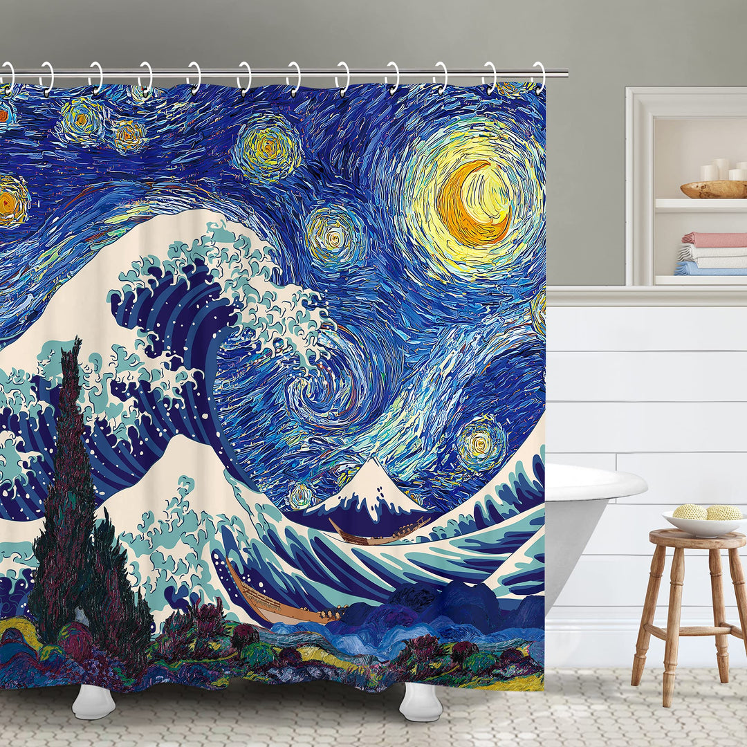 Rideau De Douche Vague Japonaise 180x180cm - Polyester Imperméable - Anti-moisissure - Avec Crochets