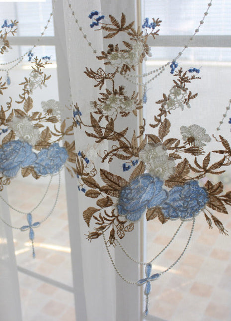 Voilage Blanc Motif Bleu